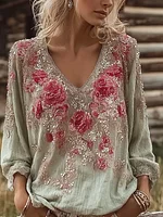 Bohemian Retro Plant And Flower Pattern Casual Cotton And Linen Long-sleeve Top