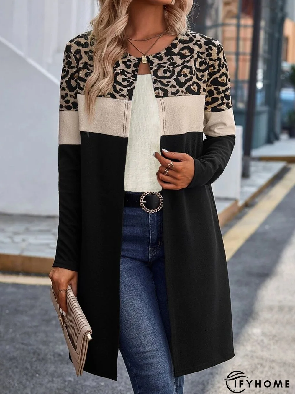 Color Block Leopard Long Sleeve Casual Other Coat | IFYHOME