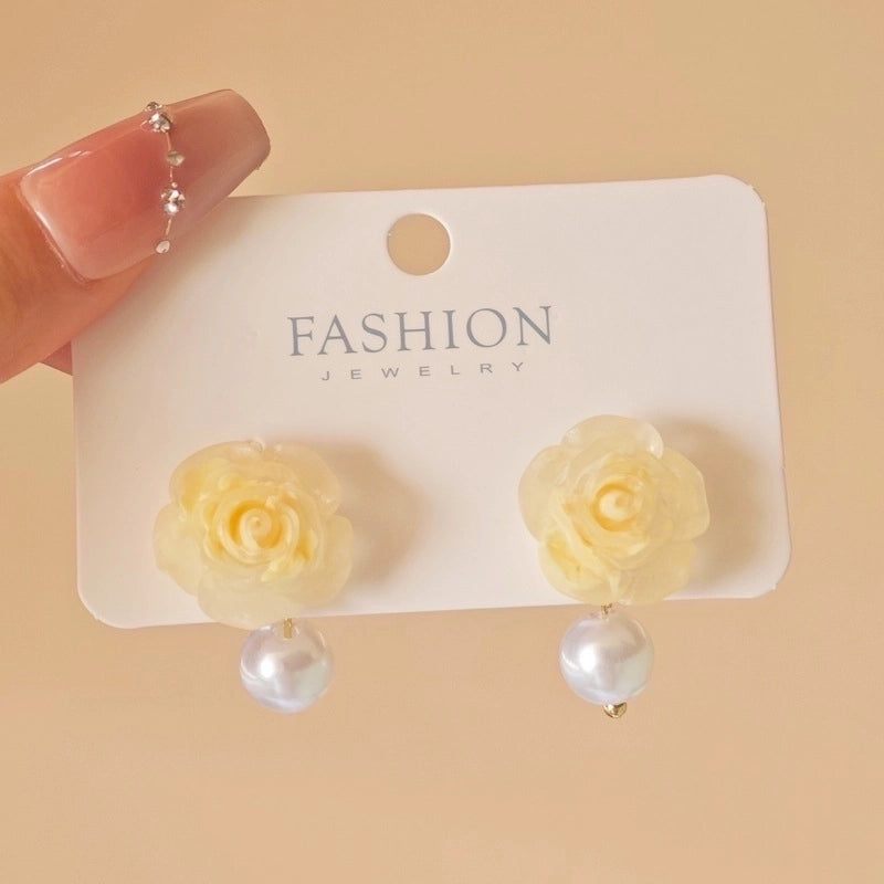 3 Pieces Sweet Heart Shape Rose Flower Inlay Imitation Pearl Alloy Rhinestones Earrings
