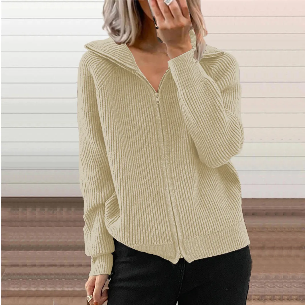 Churchf Churchf Winter New Striped Casual Coat Loose Sweater Zipper Cardigan Long Sleeve Lapel Sweater Woman