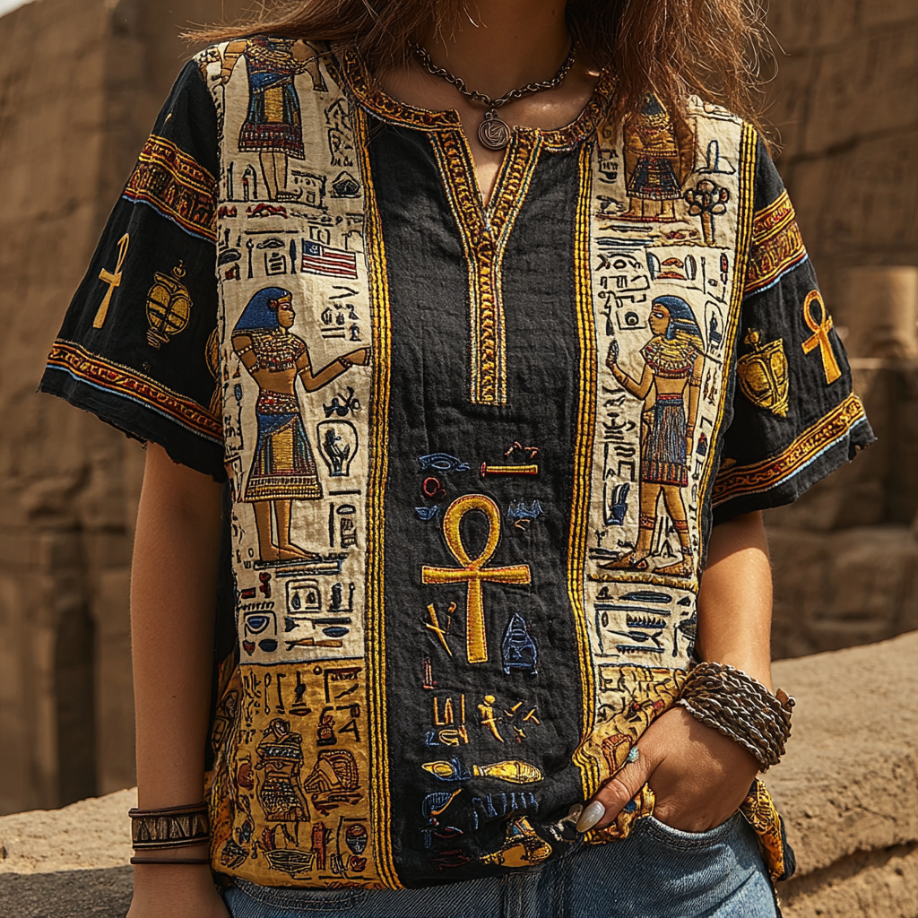 Women's Egyptian Ankh Print V-neck Shirt