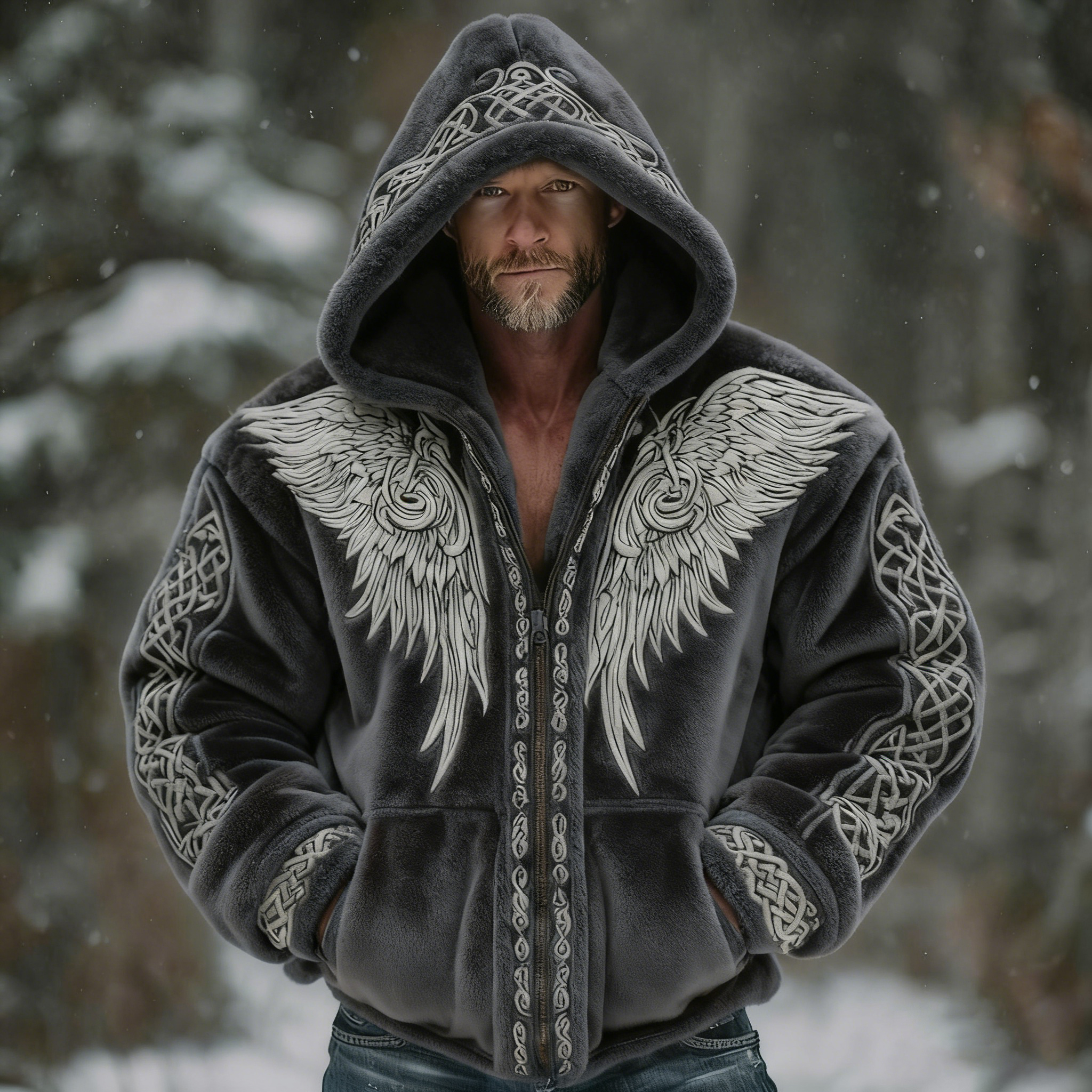 Men's Viking Style Celtic Wings Art Cozy Flannel Zip-up Hoodie elevenforest