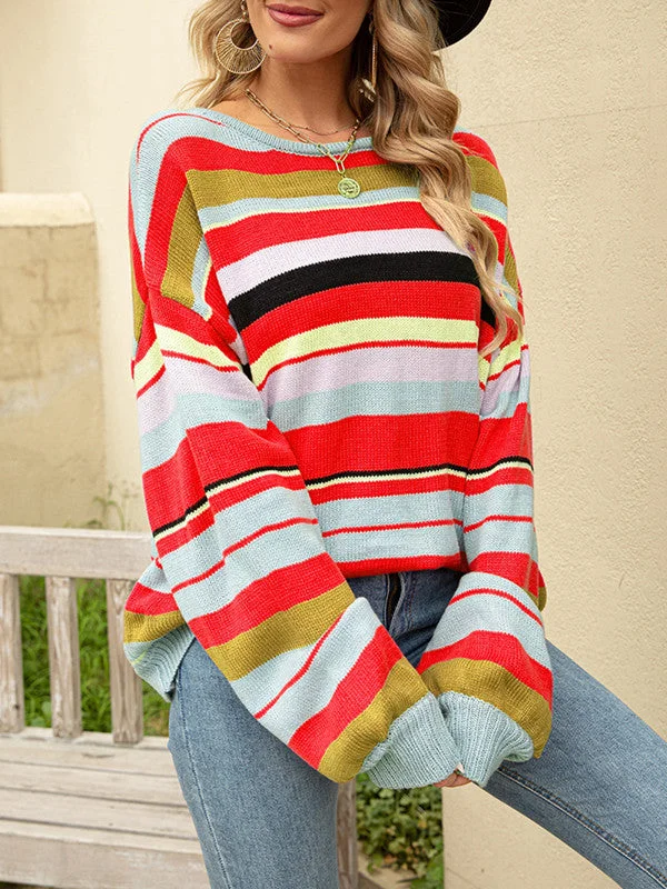 Striped Pullover Crewneck Loose Knit Sweater