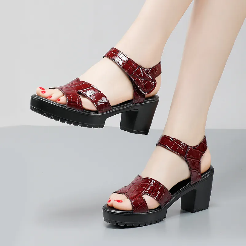 Breakj Breakj Leather High Heel Waterproof Sandals Women Fashion Crocodile Pattern Walking Shoes Summer Coarse Heel Magic Sticky H Women's Shoes