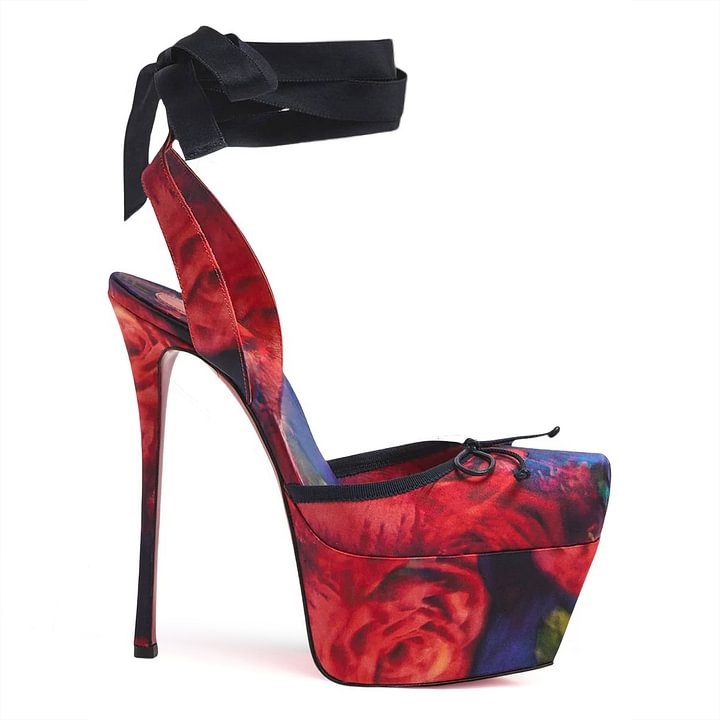 145mm Women's Strappy Crepe Satin Silk High Heel Lace Up Platform Red Bottom Wedding Banquet Sandals-MERUMOTE