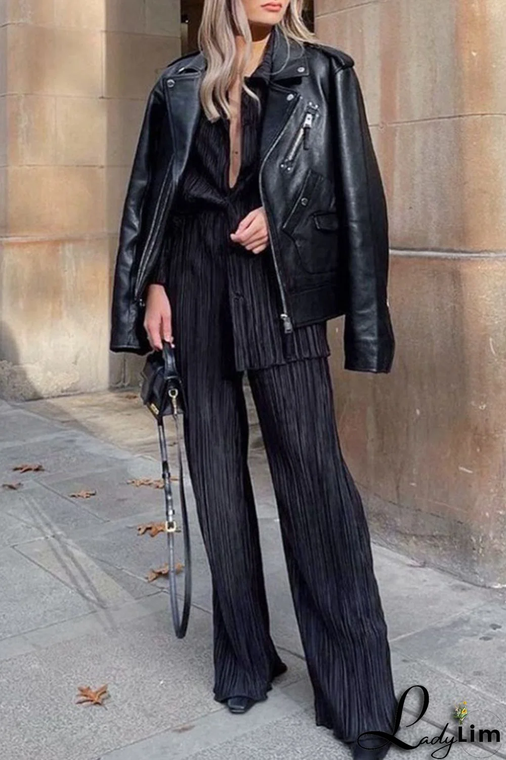 Deep Pink Casual Solid Patchwork Buckle Fold Turndown Collar Long Sleeve Two Pieces