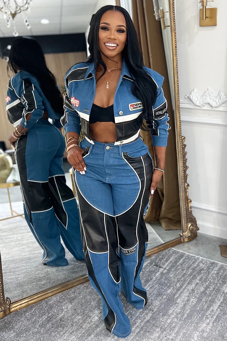 PU Leather Patchwork Crop Jacket Wide Leg Pants 2pcs Set-Blue [Pre Order]