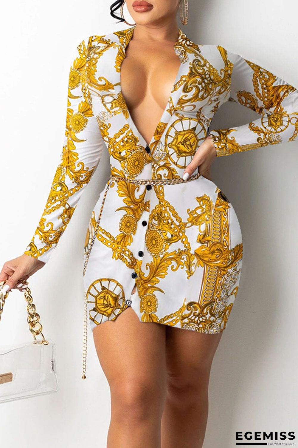 White Sexy Print Patchwork Buckle V Neck Pencil Skirt Dresses | EGEMISS