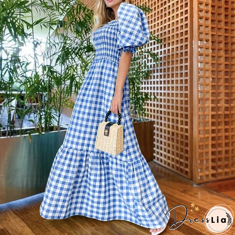 Women Puff Sleeve Square Neck Vintage Checked Plaid Maxi Dress Holiday Party Prom Dresses Kleid Plus Size