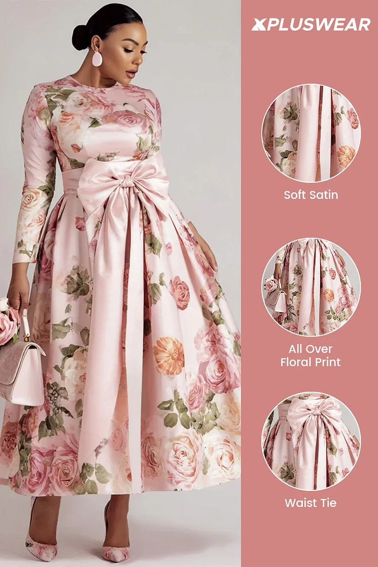 Xpluswear Design Plus Size Wedding Guest Pink Floral Round Neck Long Sleeve Wrap Elegant Bow Tie Satin Maxi Dresses