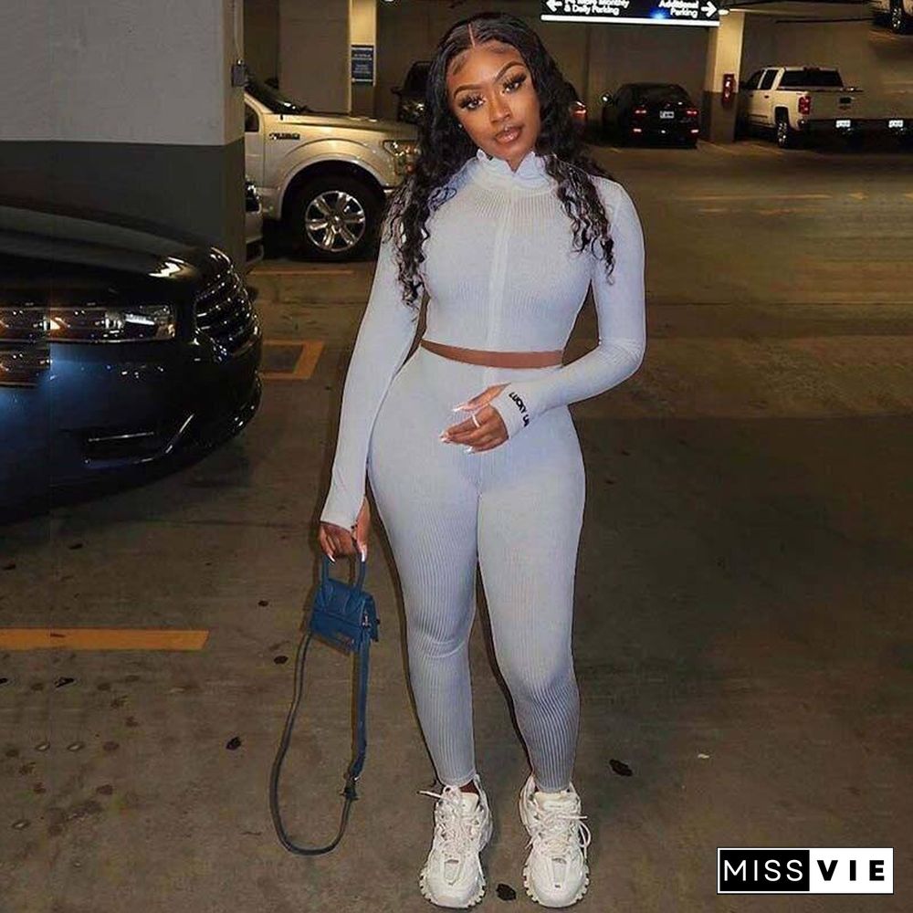 Autumn Ribbed Tracksuit Set Women Two Piece Outfits Work Out Sweat Suits Crop Top Women Set Fitness Sweatsuit Female