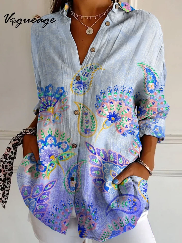 Simple Watercolor Painting Flowers And Plants Gradient Color Long Sleeves Printed Cotton And Linen Shirt
