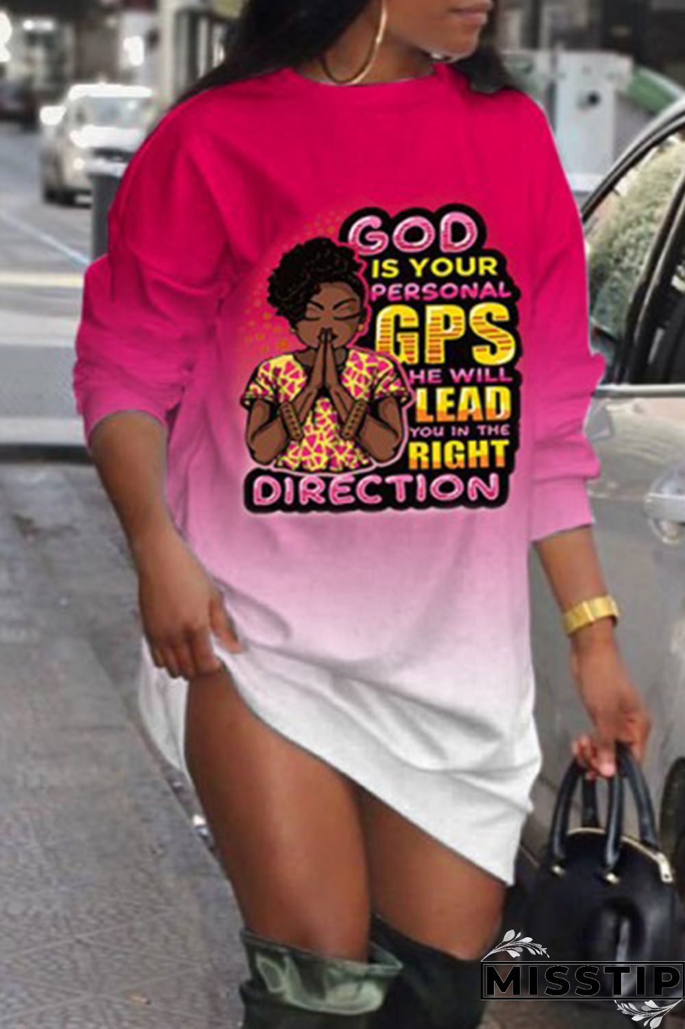 Purple Fashion Casual Print Basic O Neck Long Sleeve Plus Size Dresses