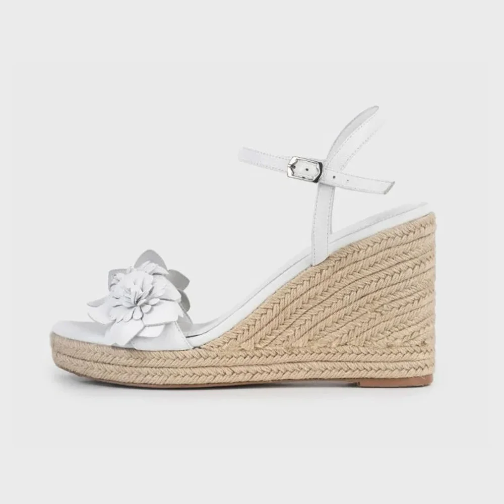 White Ankle Strap Open Toe Flower Decor Espadrille Wedge Sandals