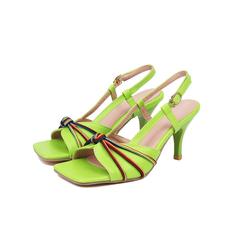 Qengg Gladiator Back Strap Women Sandals Summer 2022 Green Orange Black High Thin Heels Peep Open Toe Shoes Plus Size