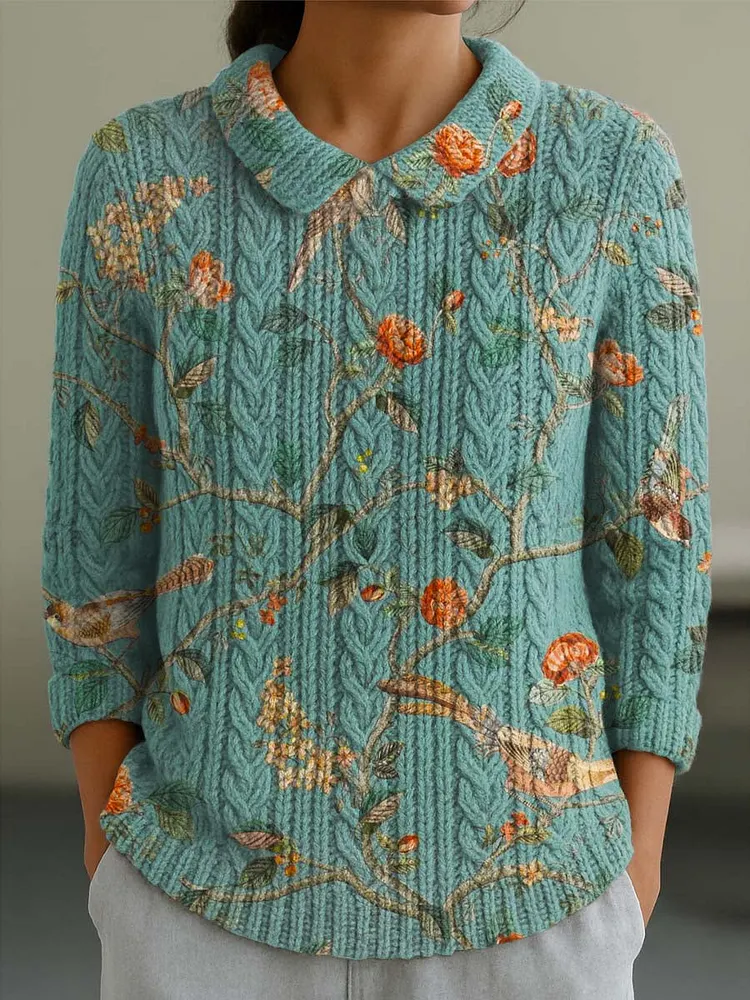 Women's Vintage Floral Birds Art Print Casual Peter Pan Collar 3/4 Sleeve Sweater