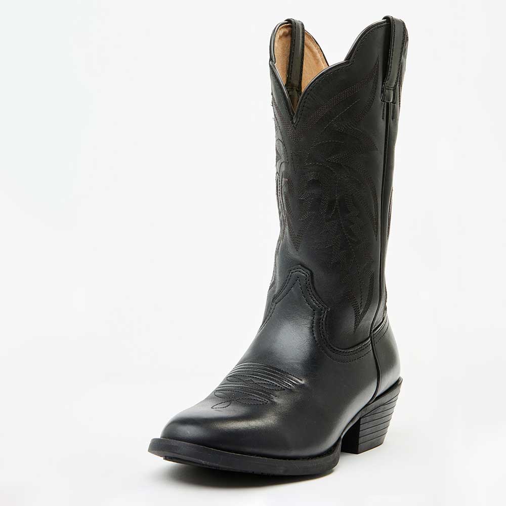 Black Embroidered Round Toe Chunky Heel Mid-Calf Cowgirl Boots Nicepairs