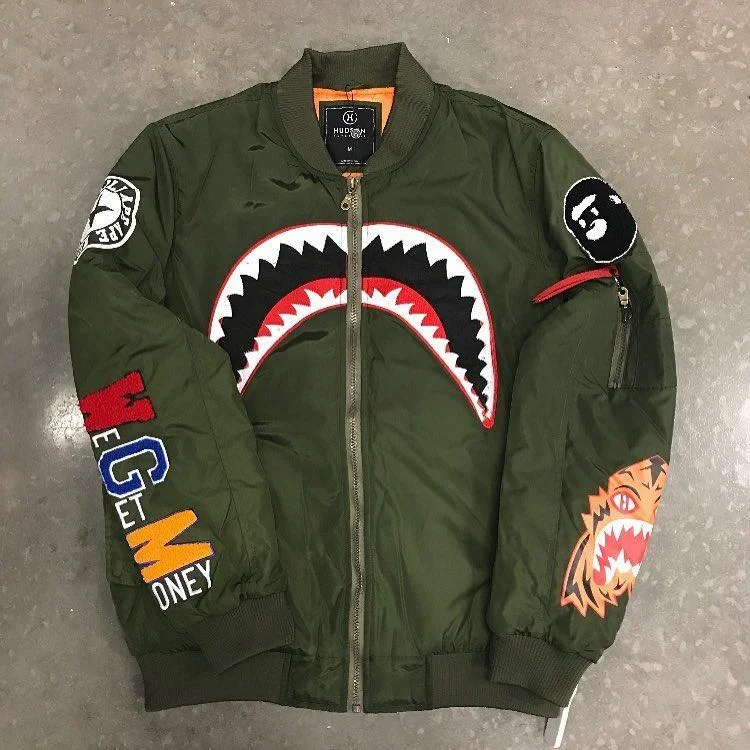 Fashion army green shark print thermal jacket