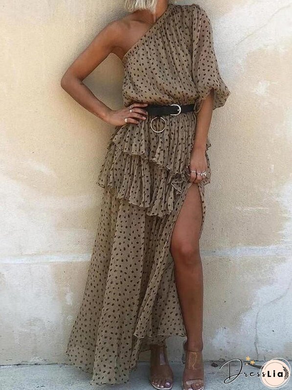 Women's Dresses Polka Dot Print Sloping Shoulder Split Chiffon Dress