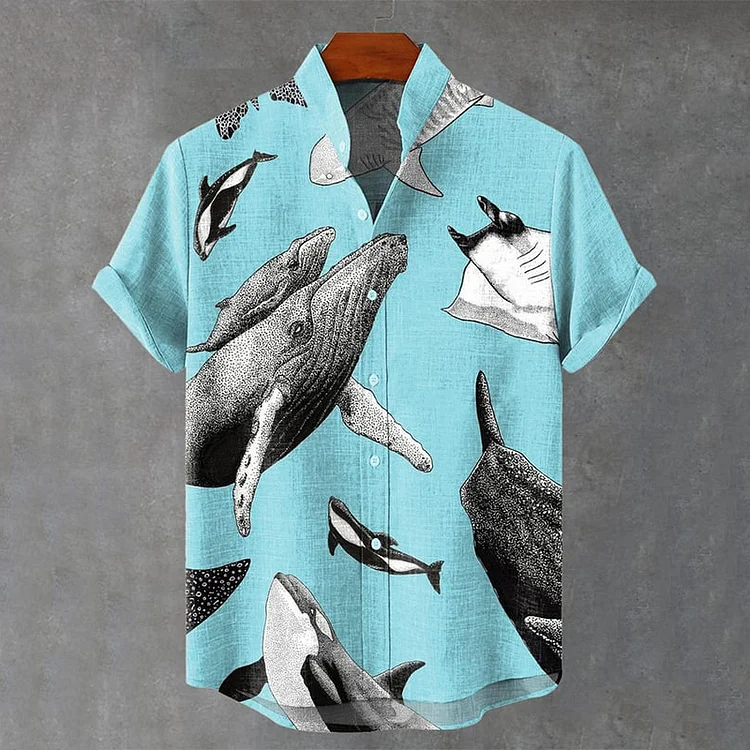 Men'S Retro Whale Print Casual Short Sleeve Shirt