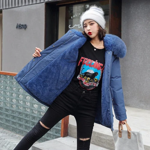 FTLZZ Large Fur Collar Hooded Jacket Winter Coat Women Thickness Cotton Padded Overcoat -30 Degree Snow Outwear Fur Lining Parka