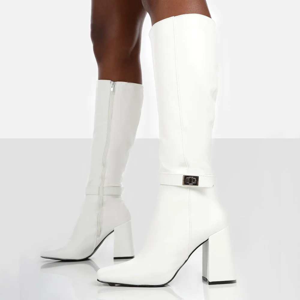 Simply White Chunky Heel Fashion Style Outfit Knee High Boots