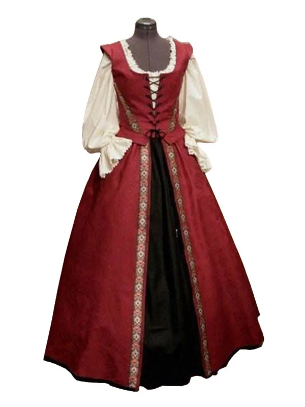 Medieval Vintage Dress Lace up Two piece Sets Square Neck Flared and Fit Long Dress Novameme