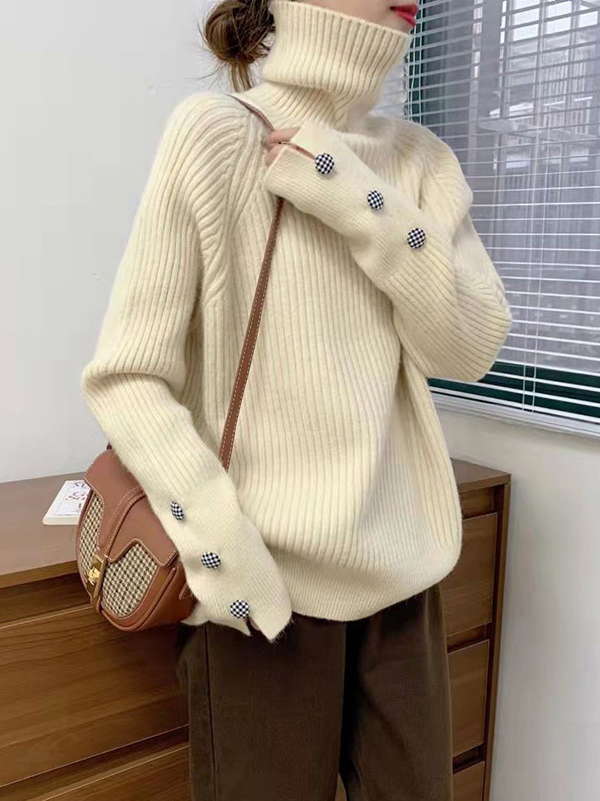 Casual Loose Long Sleeves Solid Color High-Neck Sweater Tops CREAMY-One_size