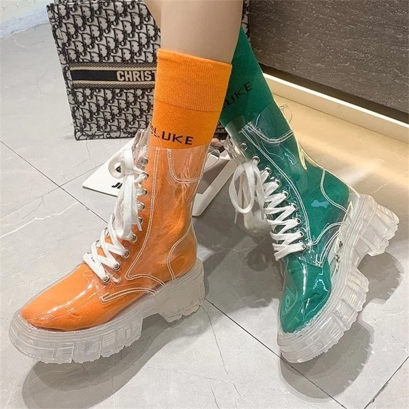 Graduation Gifts  2023 Fashion Women Pu Transparent Platform Boots Waterproof Ankle Boots Feminine Clear Thick Bottom Rainboots  Female Shoes