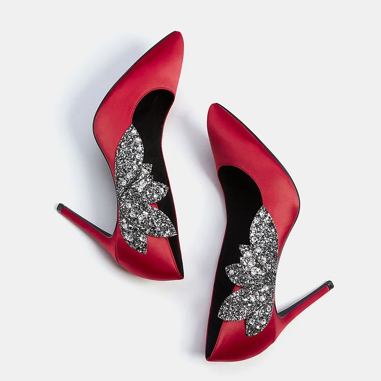 Red Satin Rhinestone Pointy Toe Wedding Pumps Vdcoo