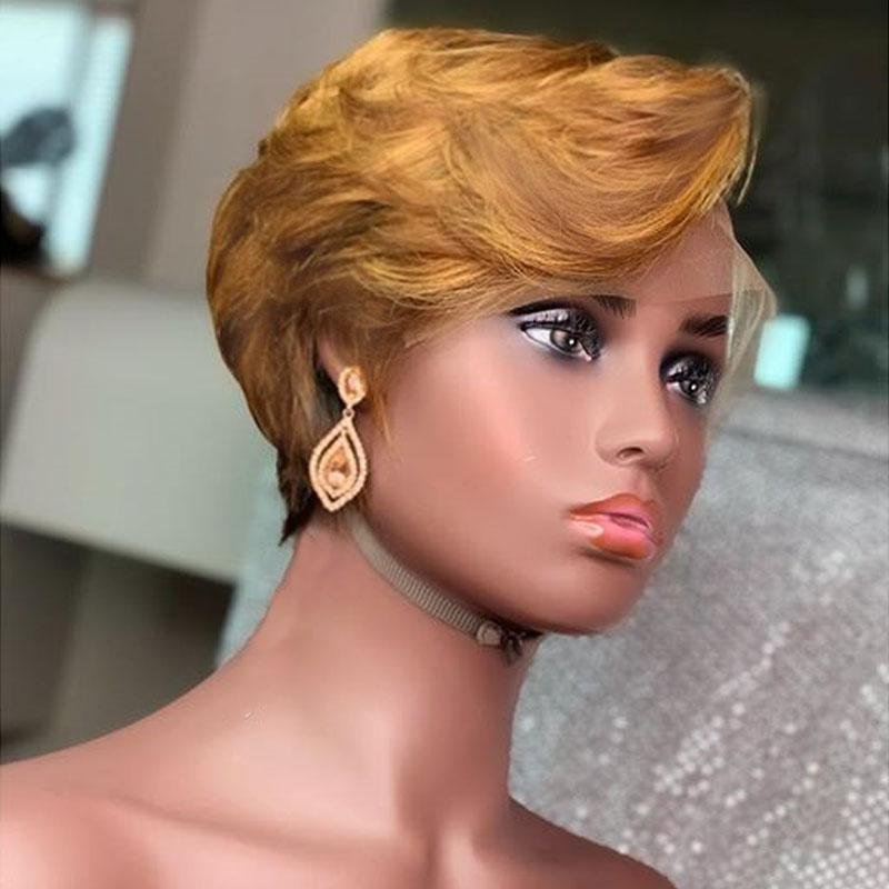 Pixie Cut 1 Colored Short Human Hair Wavy Wig 27 Bob Ombre Honey Blonde 13x4 Lace Front Wigs