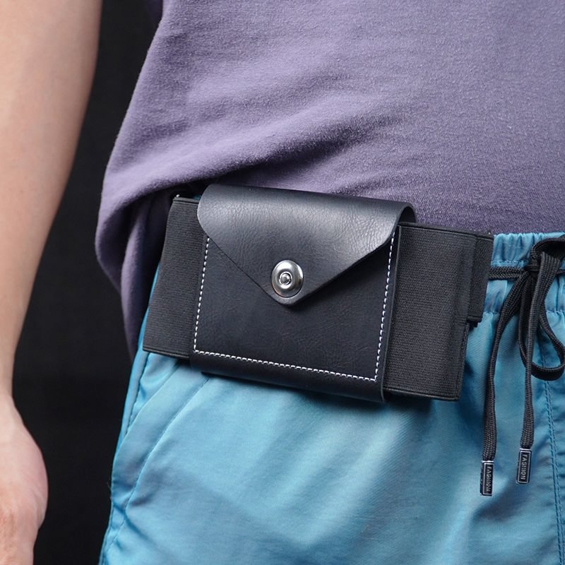 Men's Portable Leather Card Holder Oxford Nylon Magnetic Buckle Ultra-thin Phone Belt Bag
