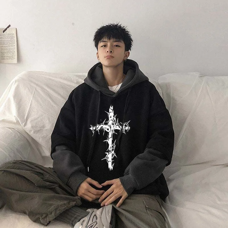 Hooded plus size sweatshirt men's Hong Kong style all-match loose Korean trend hoodies autumn winter preppy fake two streetwear