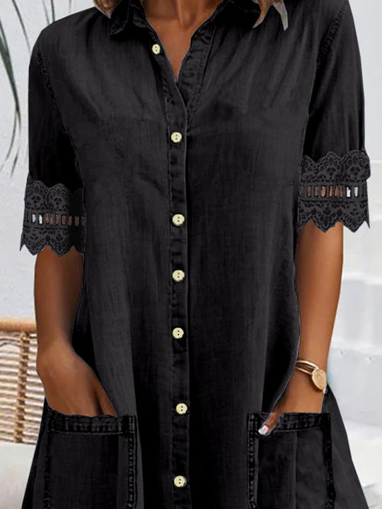 Women Short Sleeve Shirt Collar Solid Button Pockets Lace Denim Midi Dress