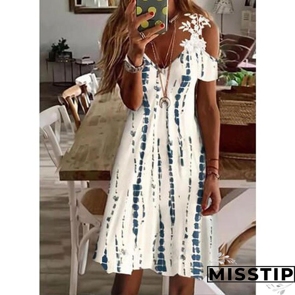 V Neck Open Shoulder Lace Printed Beach Dress