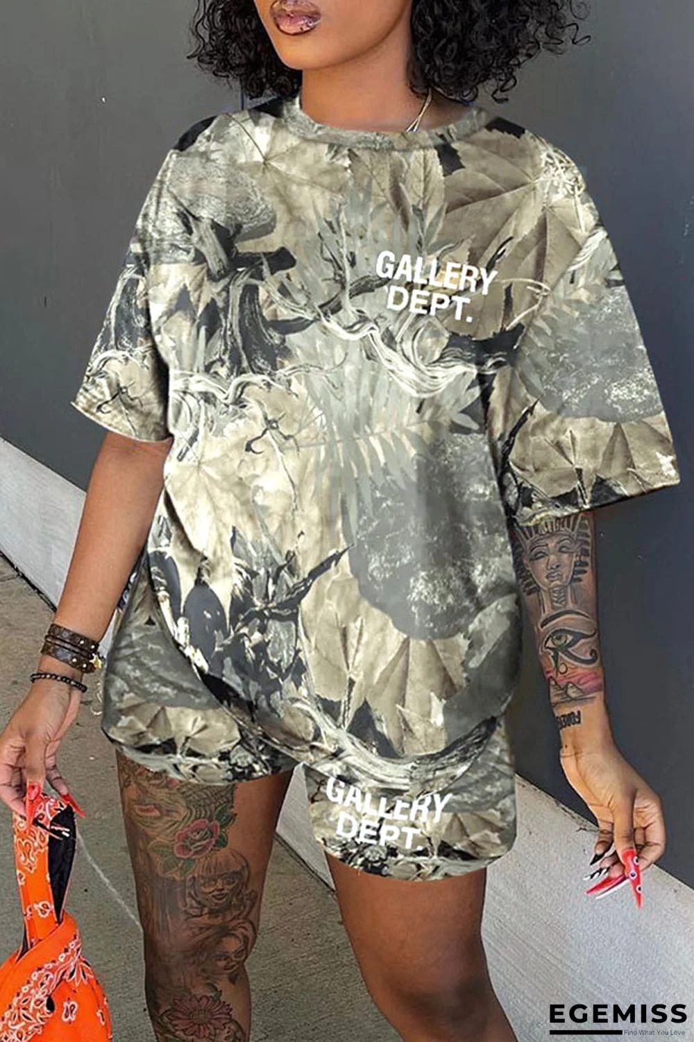 Light Brown Casual Print Camouflage Print Patchwork O Neck Short Sleeve Two Pieces | EGEMISS