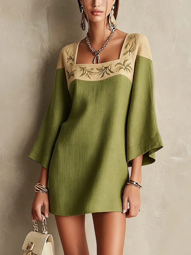 Elegant Green and Beige Embroidered Square-Neck Mini Dress