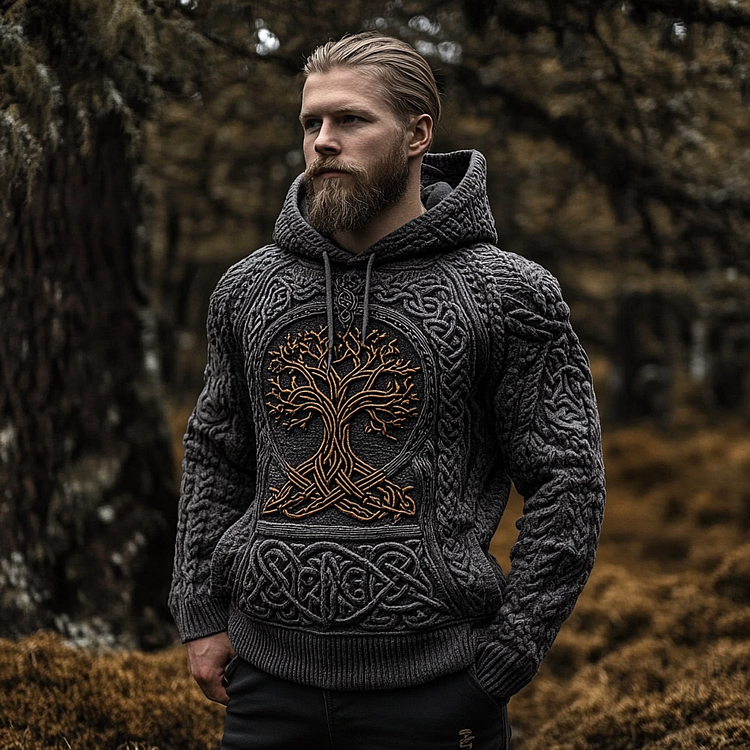 VChics Men's Viking Tree Of Life Jacquard Celtic Knit Hooded Sweater
