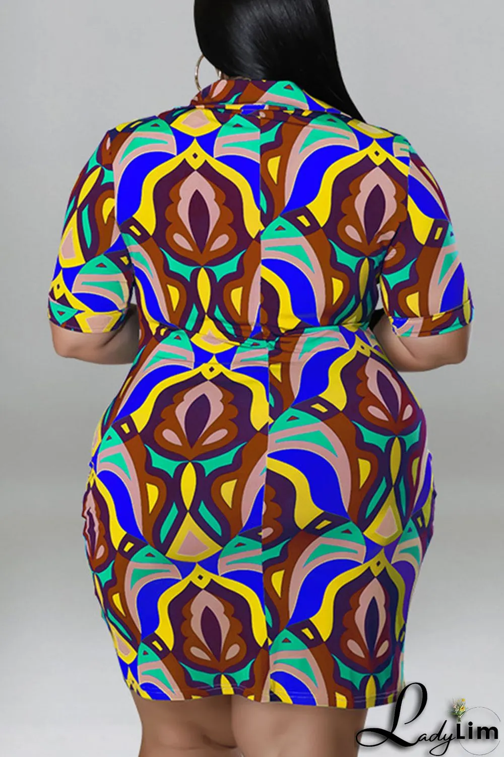 Coffee Casual Print Patchwork Buckle Turndown Collar Shirt Dress Plus Size Dresses