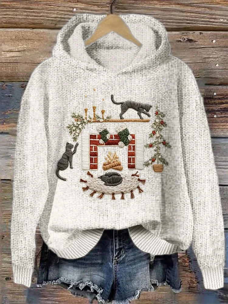 Comstylish Cat Christmas Fireplace Embroidery Art Casual Cozy Knit Hoodie
