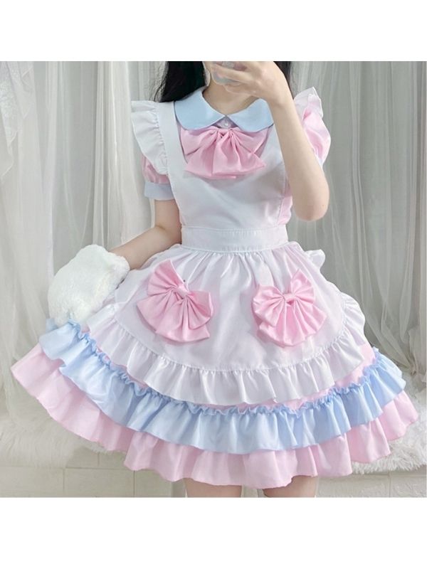 Lolita Peter Pan Collor Bubble Sleev Bowknot Ruffled Mini Maid Dress