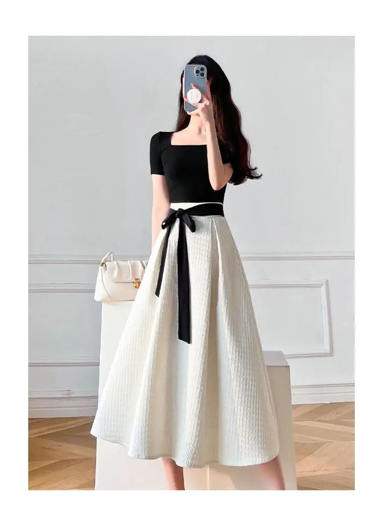 Aiertu Summer Bandage Party Short Sleeve Two Piece Set Women Square Collar High Waist  Princess French Elegant Black Tops White Skirts Aiertu