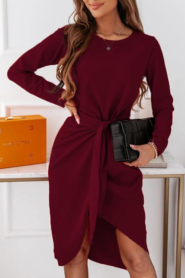 Fashion Elegant Solid With Belt  O Neck Long Sleeve Dresses£¨3 Colors£©