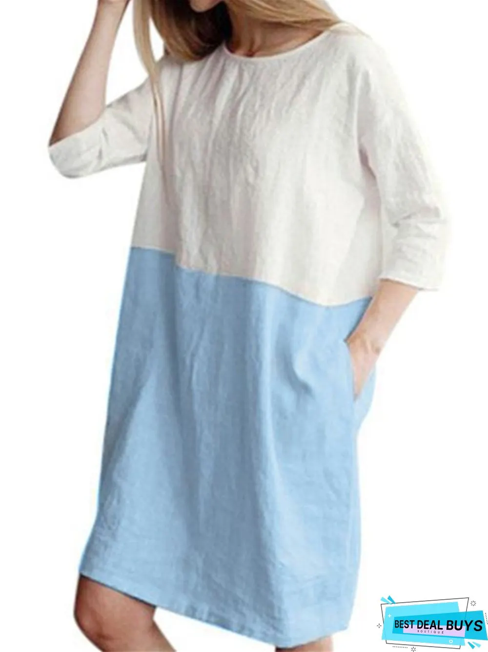 Loose Solid Color Cotton Linen Patchwork Dress Round Neck Seven Sleeve Skirt Waist
