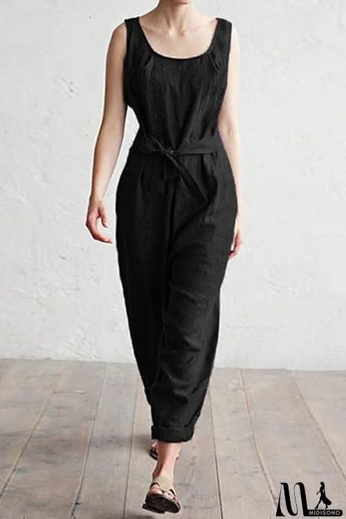 MidiSono - U Neck Sleeveless Belted Jumpsuit