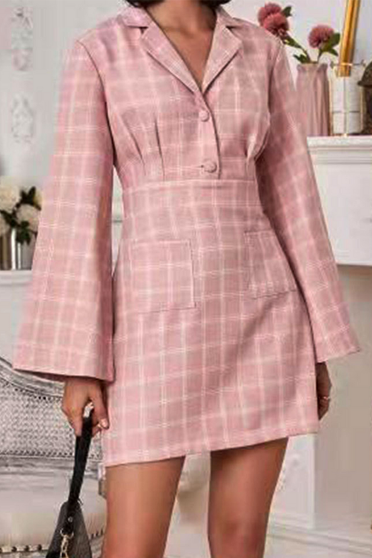 Casual Plaid Pocket Buttons Turn-Back Collar A Line Dresses - Life is Beautiful for You - SheChoic