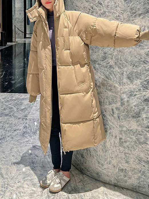 Women Long Sleeve Solid Zipper Loose Down Jacket Coats