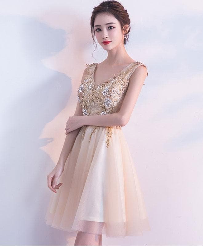 Champagne Lace Tulle Short Prom Dress, Champagne Eveing Dress