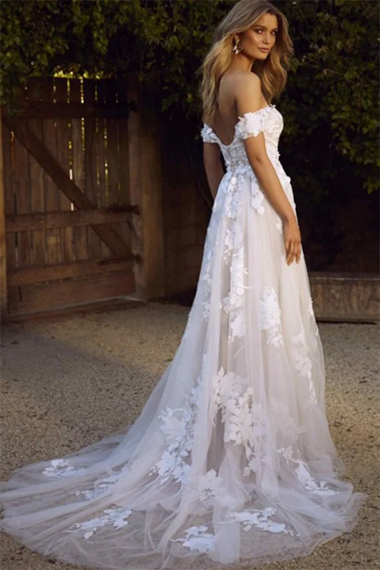 Daisda Off-the-Shoulder A-Line Tulle Wedding Dress With Lace Appliques