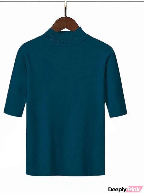 15 Colors Knitting Solid Color High-Neck Short Sleeves Pullover